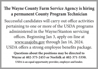 County Program Technician, Wayne County Farm Service Agency, Wayne, NE